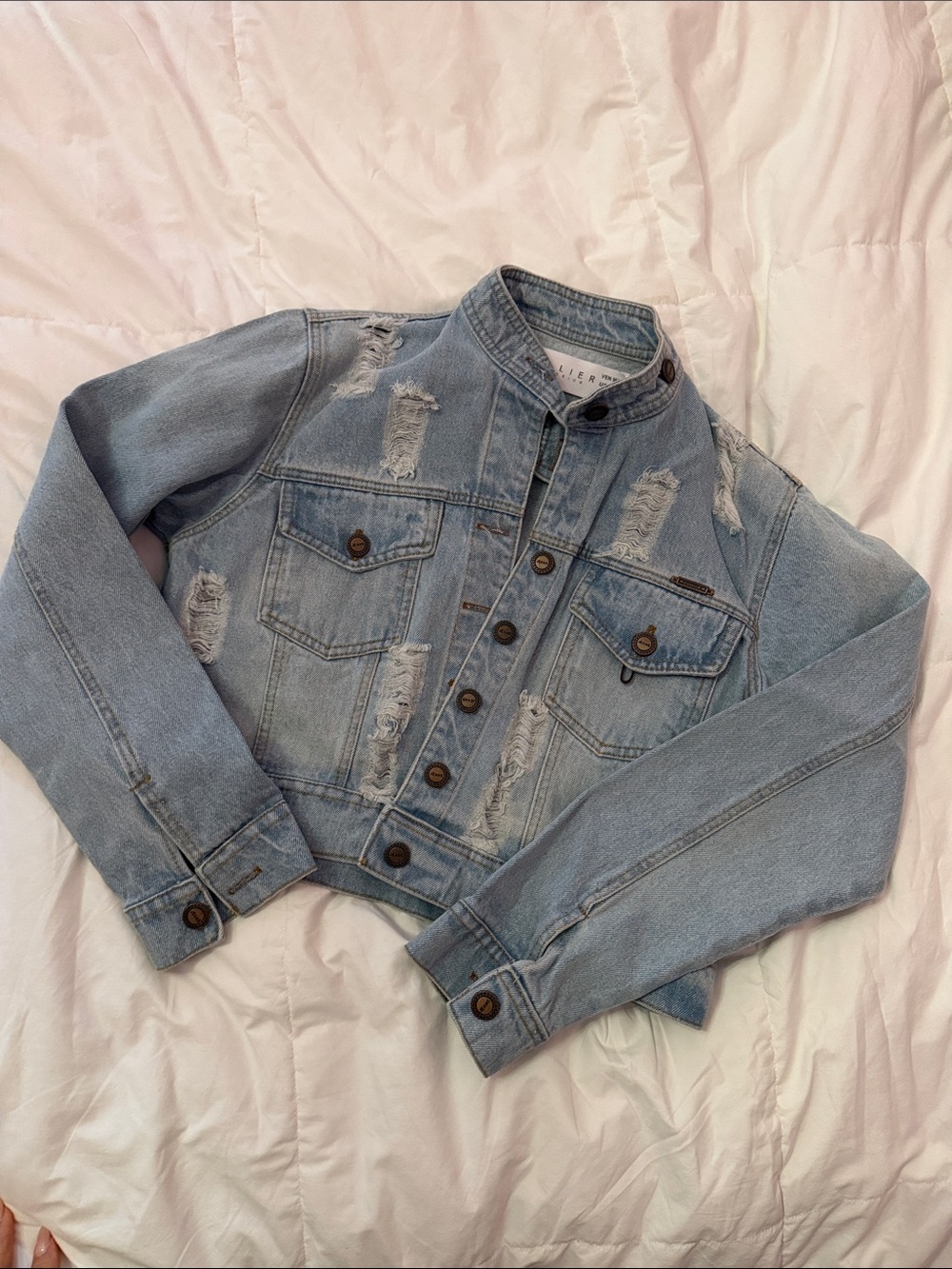 Light Blue Distressed Cropped Denim Jacket